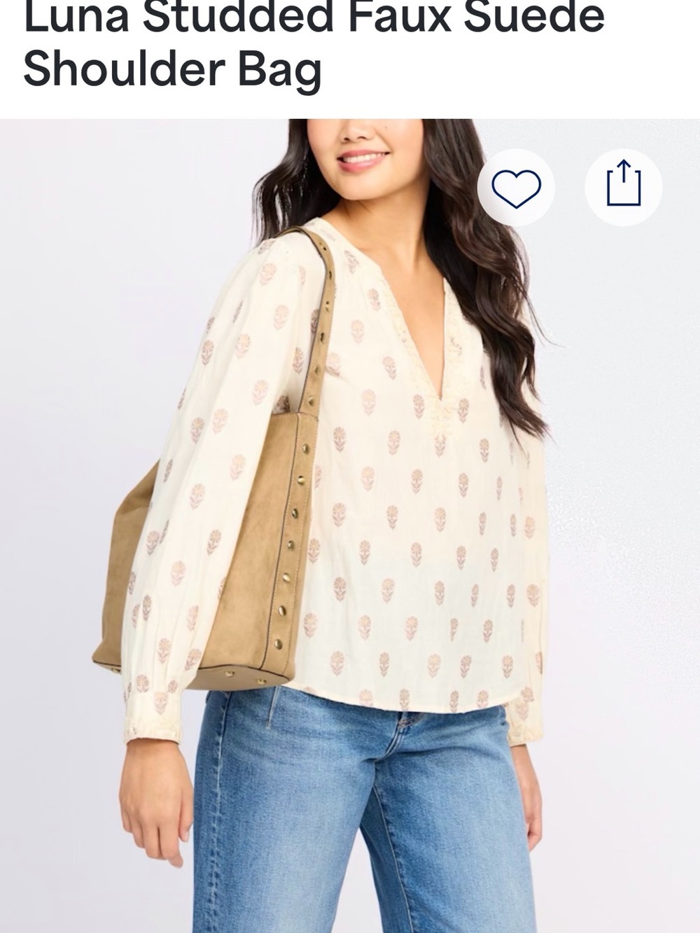 Malibu Luna Studded Faux Suede Shoulder Bag - Beige with Black Trim